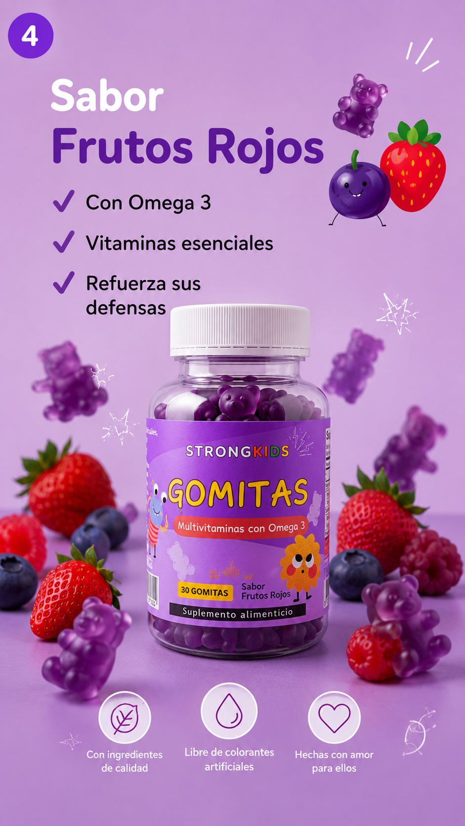 Pack 2x Gomitas Multivitamínicas Infantil con Omega3 Strongkids Frutos Rojos